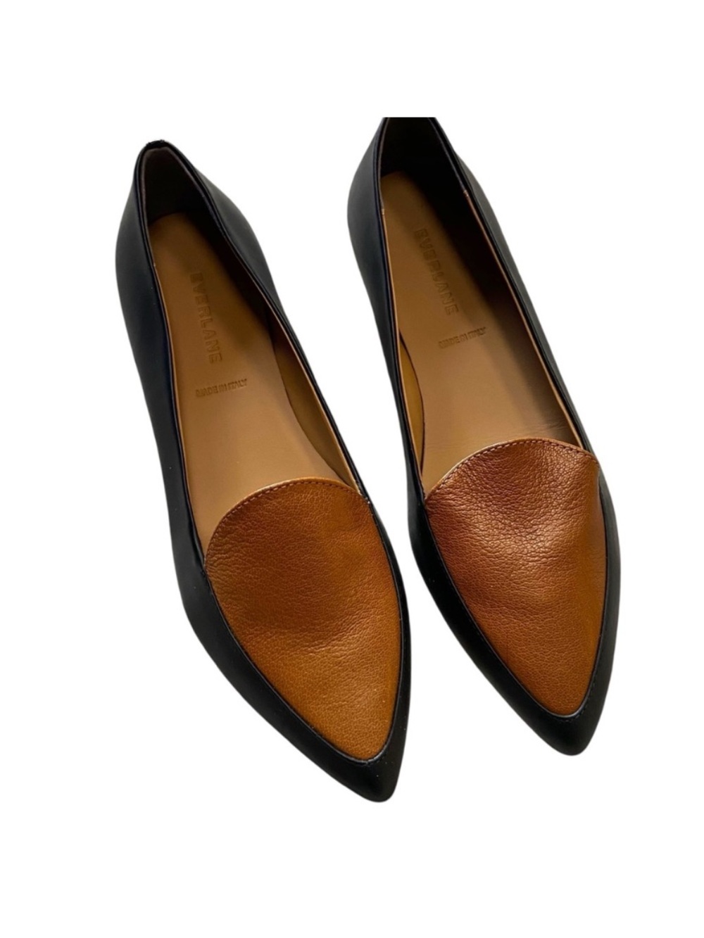 Everlane The Modern Point Two-Tone Pointed Leather Flats in Black and Brown